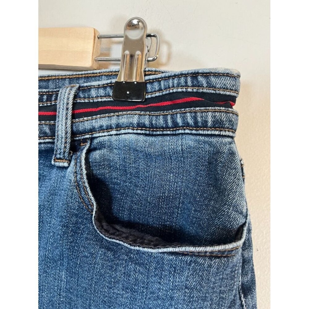 Talbots Skirt Women 8 Blue Denim Red Stripe Jean Midi Retro Boho Hippie Hipster - Picture 3 of 11